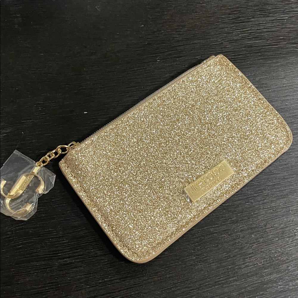 Jimmy Choo Gold Glitter Zip Card Holder Key Pouch